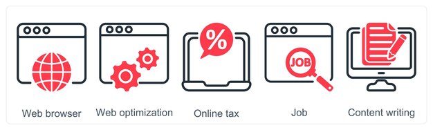 A set of 5 business icons as web browser web optimization online tax