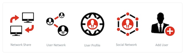 a set of 5 business icons such as network share and user network