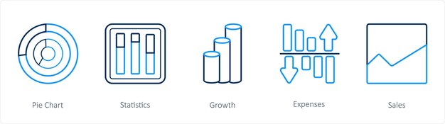 A set of 5 diagram and report icons such as pie chart statistics growth