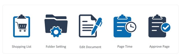A set of 5 Document icons as shopping list folder setting edit document