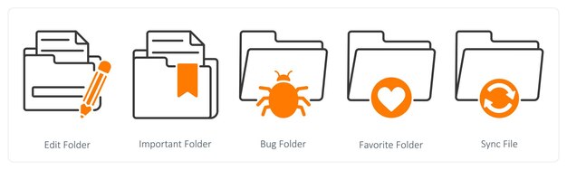 a set of 5 files icons as edit folder impoprtant folder bug folder