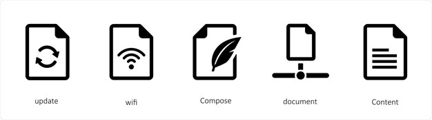 A set of 5 files icons such as update wifi Compose document