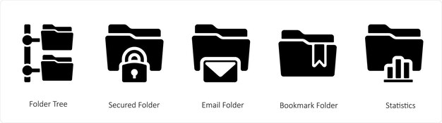 a set of 5 folder icons such as folder tree secured and email folder