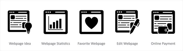 a set of 5 internet black icons as webpage idea webpage statistics favorite webpage