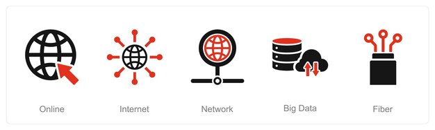A set of 5 Internet Computer icons as online internet network big data