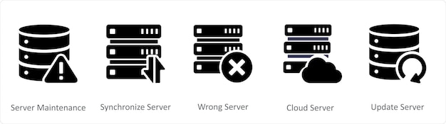 a set of 5 internet icons as server maintenance synchronize server wrong server
