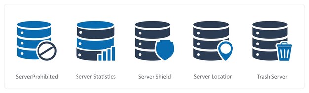 a set of 5 internet icons as server prohibited server statistics server shield