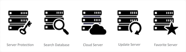 a set of 5 internet icons as server protection search database cloud server