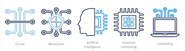 A set of 5 mix icons as circuit blockchain artificial intelligence
