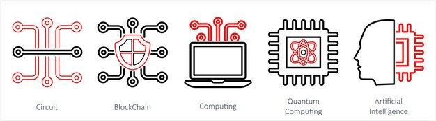 A set of 5 Mix icons as circuit blockchain computing