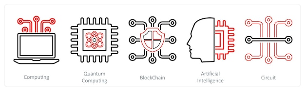 A set of 5 Mix icons as computing quantum computing block chain