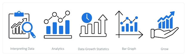 a set of 5 mix icons as interpreting data analytics data growth statistics
