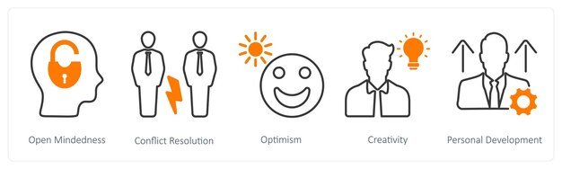a set of 5 soft skills icons as open mindedness conflict resolution optimism