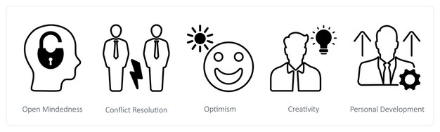 A set of 5 Soft Skills icons as open mindedness conflict resolution optimism
