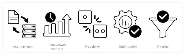 a set of 5 statistics icons as data collection data growth statistics probability