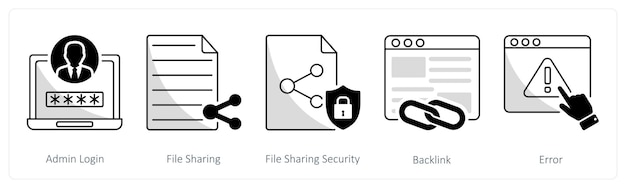 A set of 5 web design icons as admin login file sharing file sharing security