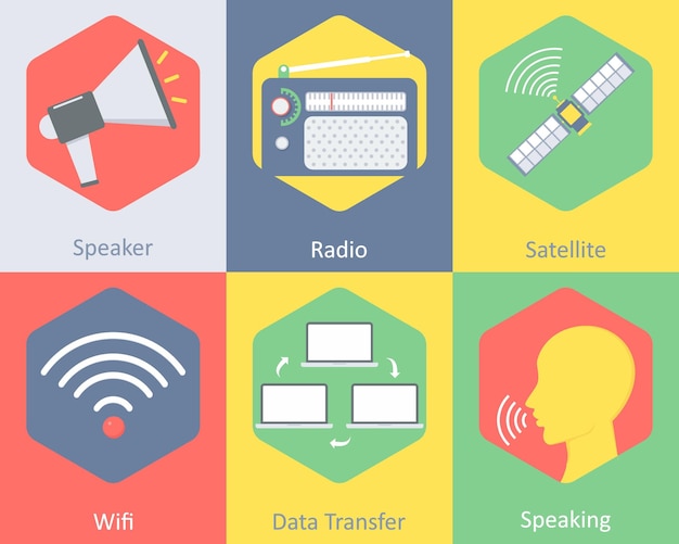 A set of 6 communication icons as speaker radio satellite