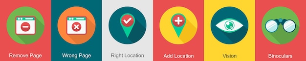 a set of 6 user interface icons as remove page wrong page right location