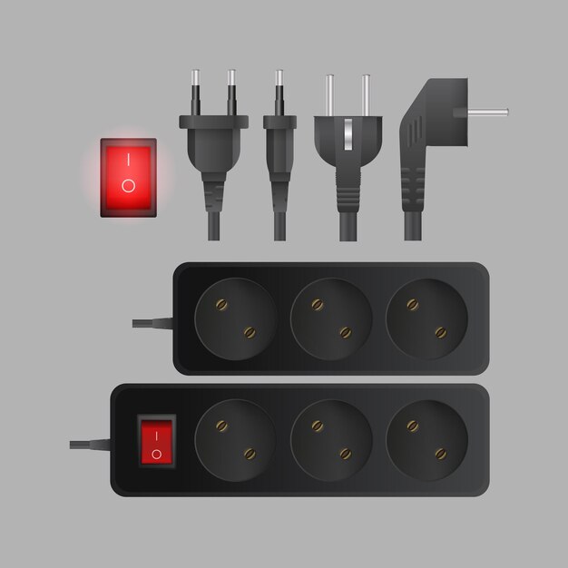 a set of black extension cords with three outlets. plug for socket. realistic style vector.