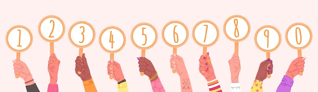 a set of male and female hands are holding round cards with numbers. cards with numbers from 0 to 9 in the hands of people, in a bright doodle style.