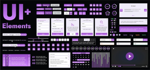 a set of modern purple web interface elements designed for the development and design of websites