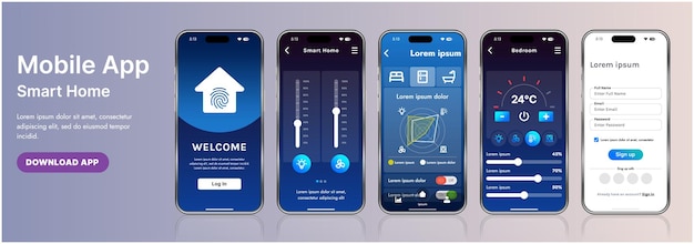 a sleek smart home application interface template featuring modern icons and a gradient design includes navigation menus for managing devices monitoring security controlling temperature
