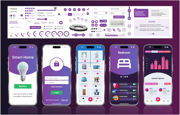 a sleek smart home application interface template featuring modern icons and a gradient design