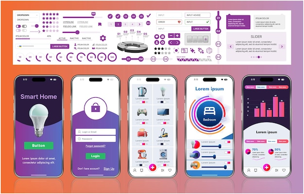 a sleek smart home application interface template featuring modern icons and a gradient design