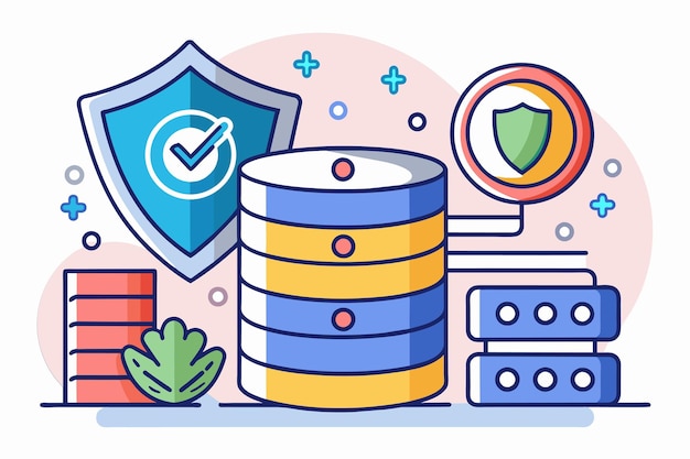 a stack of data protected by a shield on top for database access security database access info security information protection secure storage simple and minimalist flat vector illustration