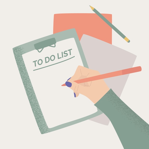 A table with a female hand writing plan in a notebook. A comprehensive to-do list with goals and objectives. Colorful vector flat cartoon top view