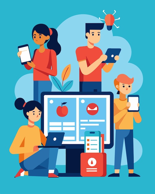 A team of students testing their app on various devices meticulously working out any bugs or