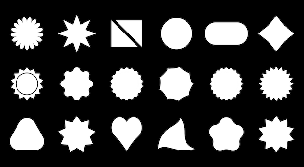 A variety of 9 white graphics shapes are arranged on a black background