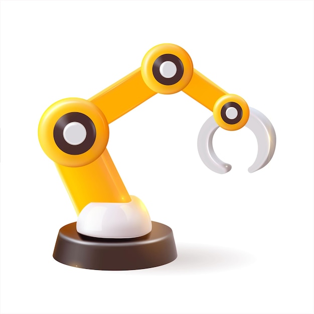 A vibrant yellow robotic arm featuring an articulated claw prominently displayed against a clean