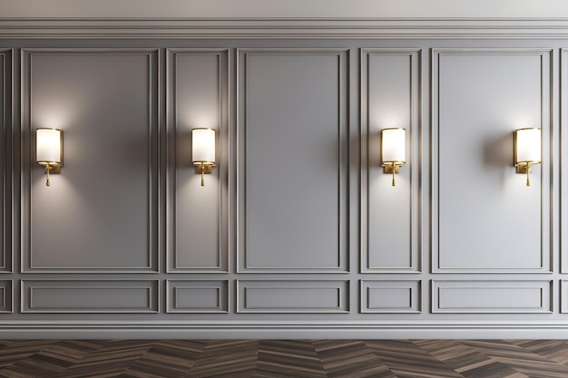 a wall with three lights on it and one of them has a white frame