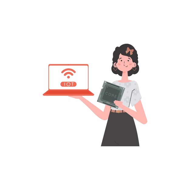 A woman holds a laptop and a processor chip in her hands IOT and automation concept Isolated Vector illustration in flat style