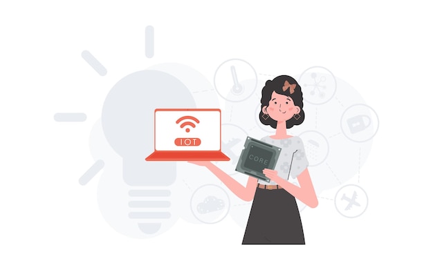 A woman holds a laptop and a processor chip in her hands IOT and automation concept Vector illustration in flat style