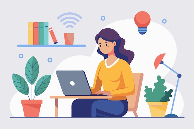 A woman sitting at a desk working on a laptop women no internet network with laptop Simple and minimalist flat Vector Illustration