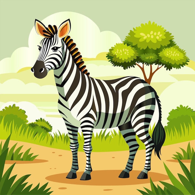 a zebra is standing in a field with trees and bushes