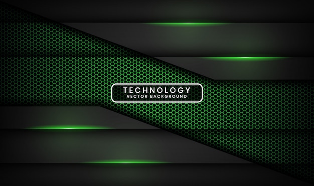 Abstract 3D black technology background with hexagon textured, Overlap layer with green light effect decoration