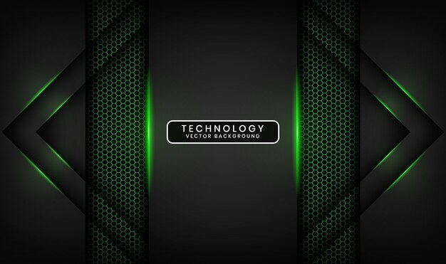 Abstract 3D black technology background with hexagon textured, Overlap layer with green light effect decoration