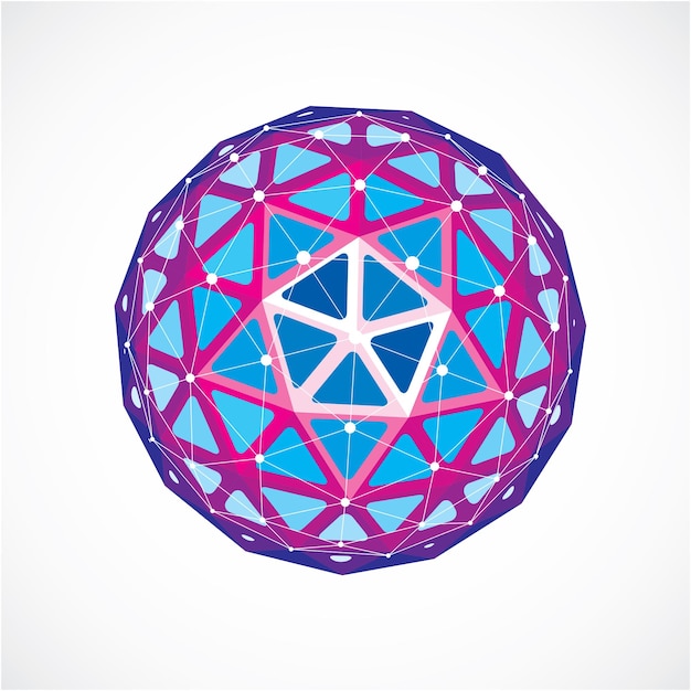 Abstract 3d faceted figure with connected black lines and dots. Purple vector low poly design element, cybernetic orb shape with grid and lines mesh.