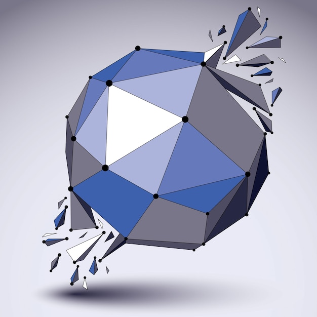Abstract 3d faceted figure with connected black lines and dots. Vector blue low poly shattered design element with fragments and particles. Explosion effect.
