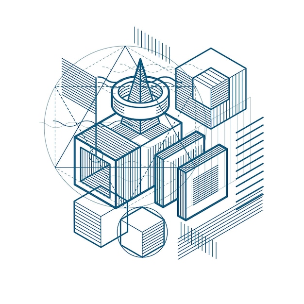 Abstract 3d shapes composition, vector isometric background. Composition of cubes, hexagons, squares, rectangles and different abstract elements.