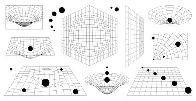 abstract 3d wireframe shapes perspective grids and heart y2k futuristic retro aesthetic set