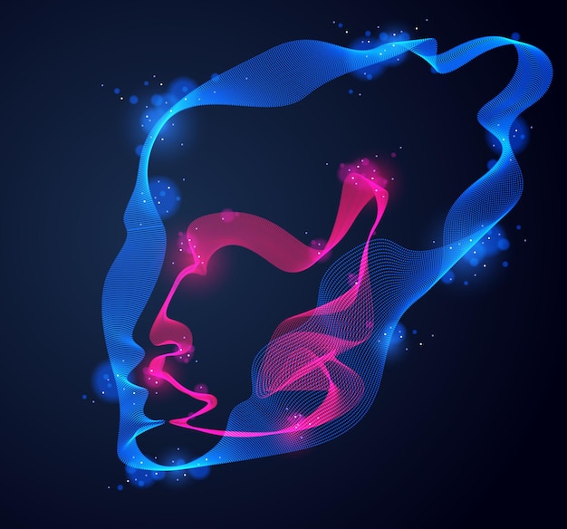 Abstract artistic human head portrait made of dotted particles array, vector illustration of Artificial Intelligence, software digital visual interface.