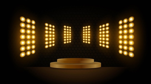 abstract background gold podium for product stadium stage hall presentation with scenic lights of round futuristic neon glowing round frame and raysgold vector lighting stage spotlight background