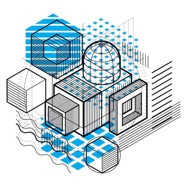 abstract background with isometric elements, vector linear art with lines and shapes. cubes, hexagons, squares, rectangles and different abstract elements.