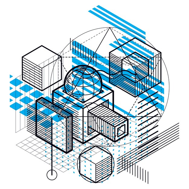 abstract background with isometric elements, vector linear art with lines and shapes. cubes, hexagons, squares, rectangles and different abstract elements.