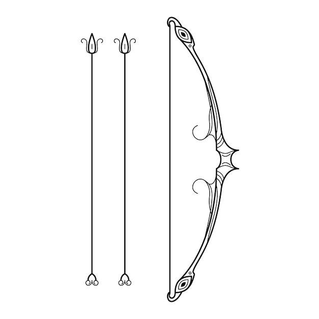 abstract black simple line bow with arrows weapon doodle outline element vector design style sketch
