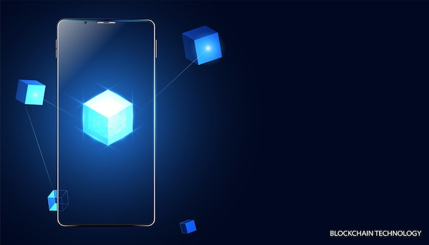 Abstract blockchain technology cryptocurrency and fintech square cube and phone crypto operations